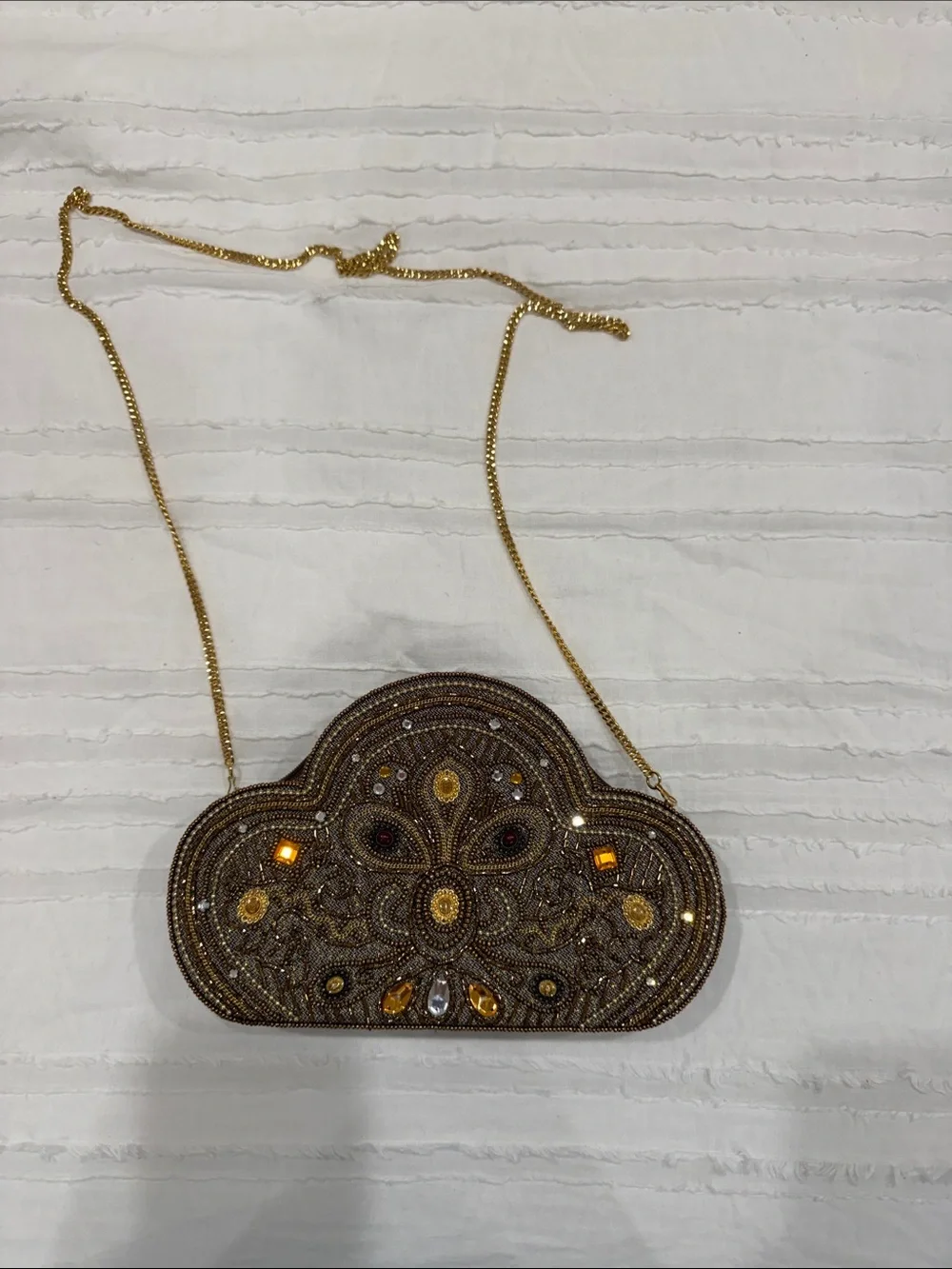 Hashimotos Embellished Gold Beaded Evening Clutch with Chain Strap